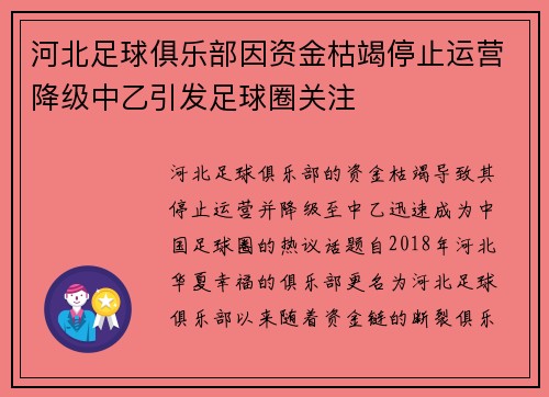 河北足球俱乐部因资金枯竭停止运营降级中乙引发足球圈关注